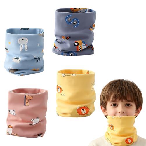 GNALIA Bufandas Niña, 4 Pañuelos De Cuello De Algodón Con Diseños De Conejo Azul Claro, Coche Azul, Osito Amarillo Y Ciervo Rosa, Calentadores De Cuello Para Otoño E Invierno, Tamaño 0-12 Años, 4 Unid