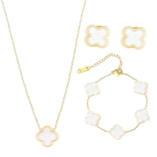 GNALIA Van Cleef Estilo Conjunto De Joyas Trébol De Cuatro Hojas, Color Dorado, Acero Inoxidable, Collar Y Pulsera Ajustables, Pendientes, 1 Set De 3 Piezas, Regalo Para Mujer