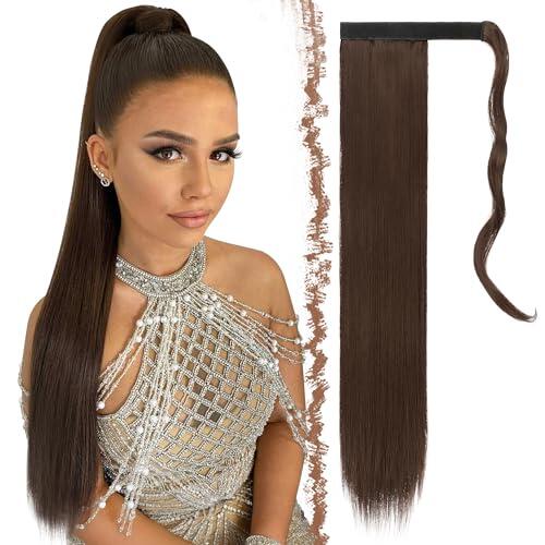FESHFEN Postizos de Pelo 60 cm Largo Liso Cola de Caballo Extensiones Natural Sintética Ponytail Extensiones de Cabello Coleta Postizos para Mujeres, Marrón Medio