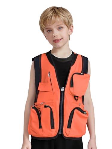 Kaerm Chaleco de pesca para niños y jóvenes, ligero, transpirable, con varios bolsillos, para tiempo libre, camping, caza, pesca, sin mangas, chaqueta de pesca, naranja, 128-152