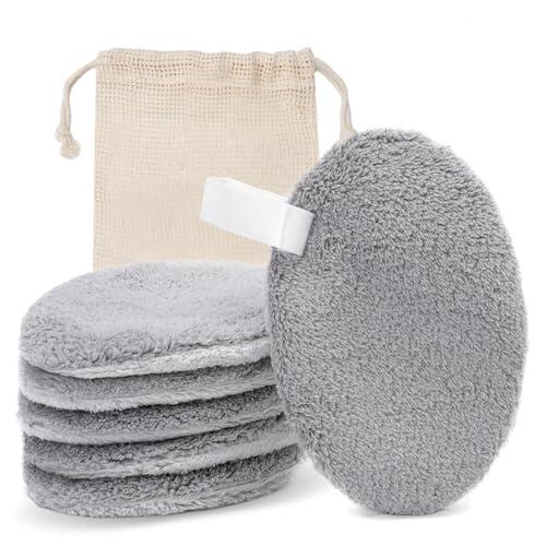 LOPHE Discos Desmaquillantes Reutilizables, Almohadillas Desmaquillantes Lavable, 6 Unidades + Bolsa De Lavandería, Natural Fiber, Doble Cara Suave, Limpieza Facial Para Todo Tipo De Piel,Ovalado-Gris