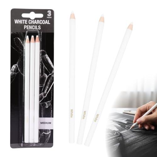 Lápices de Carboncillo Blanco para Dibujar, Juego de 3 Lápices de Carbón Blanco para Bocetos, Sombras y Resaltados, No Tóxicos,Ideal para Artistas, Estudiantes y Niños, Suministros de Arte Profesional