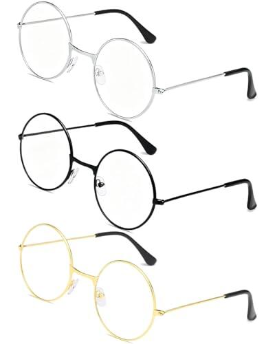 Huvzor - 3 pares de gafas falsas, gafas transparentes con lentes claras, unisex, doradas, decorativas, redondas, ultrafinas, decorativas, para hombres y mujeres