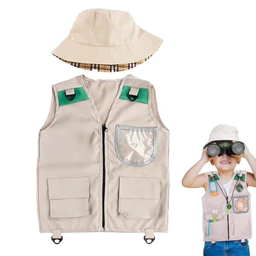 Chaleco de pesca para niños | Chaleco explorador con sombrero | Los niños se visten para caminatas, exploración, caza, rancho al aire libre, desierto, camping, selva, Grande., Refer to description