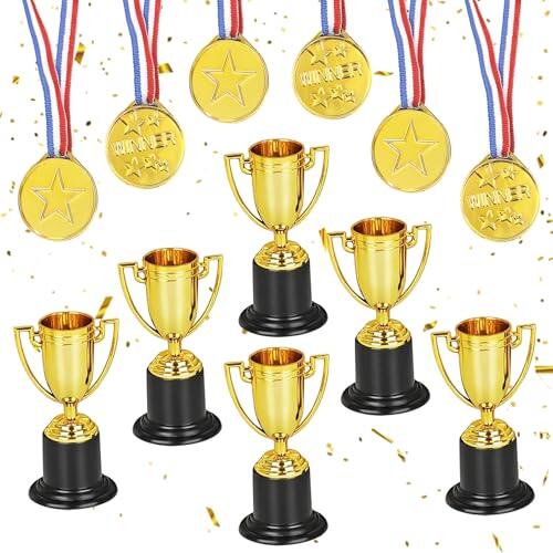 Juego de 6 trofeos pequeños trofeos dorados para niños de plástico, para cumpleaños infantiles, competiciones deportivas y eventos escolares, recompensas, trofeos de regalo