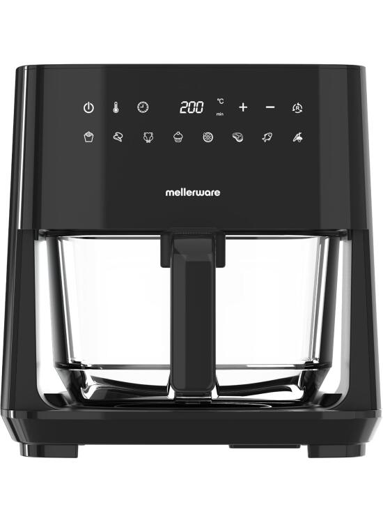 MELLERWARE - Freidora de Aire Crunchy Glass 1450W | Cestillo Cristal 4,5L | 9 Programas + Precalentar | Pantalla Táctil | Temp 80-200ºC | Temporizador 60 min | Apta Lavavajillas