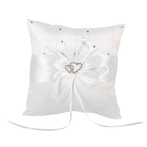 Almohada portadora de anillos de boda de 6 x 6 pulgadas, cojín de ceremonia blanco con decoración de diamantes de imitación y soporte de anillo de cinta de seda para propuesta de boda