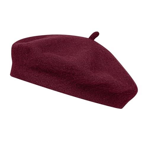 Alaoo Sombrero de Boina Francesa,Sombrero Lana Clásico de Boina Mujer,Elegantes Gorros Vintage Boina,Sombrero Otoño Redondo Vintage,para accesorio, disfraz,Carnaval, Fiesta de Disfraces,Rojo Vino