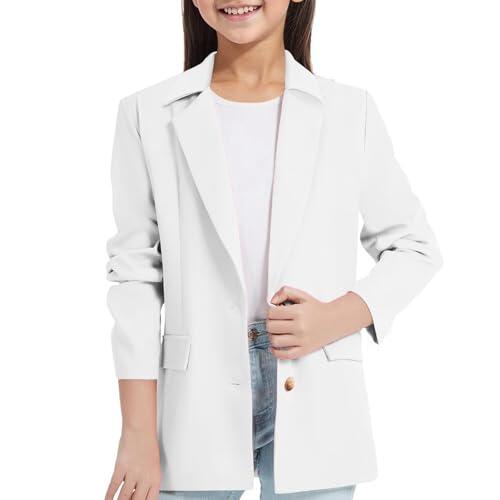 Blazer para niñas, mangas largas, cuello con bolsillo interior, abertura frontal, traje de blazer casual para niños, Blanco, 9-10 años