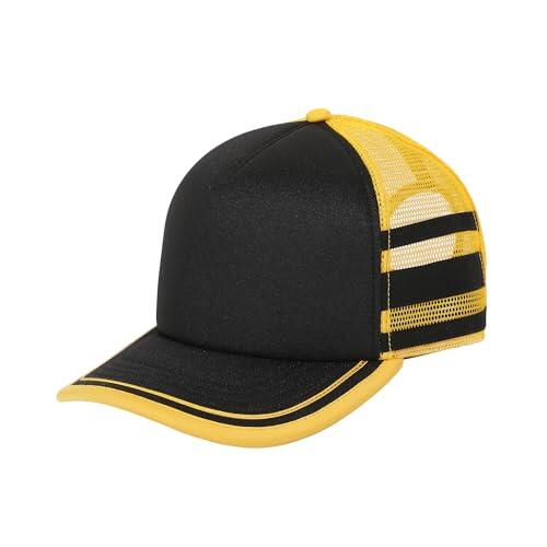 Gorra Stranger Things Dustin Henderson negra y amarilla de cosplay estilo trucker