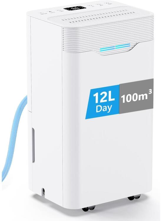 Deshumidificador 12L/Día, con 3 Modos, Temporizador de 24h, Apagado Automático, Deshumificadores de humedad para Hogar hasta 100m³, Tubo de Drenaje Drenaje Continuo, para Baños, Dormitorios, Blanco