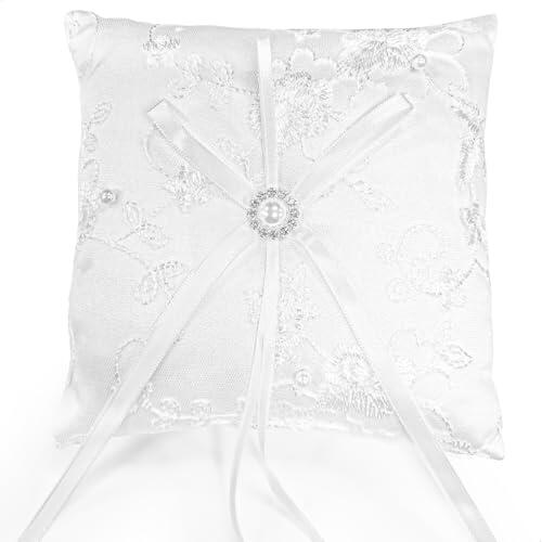 mimzemamz Cojin de Anillos Boda, Porta Alianzas Blanco Anillos de Boda Almohada con Cinta Accesorios de Compromiso de Boda Decoracion, 15x15 cm