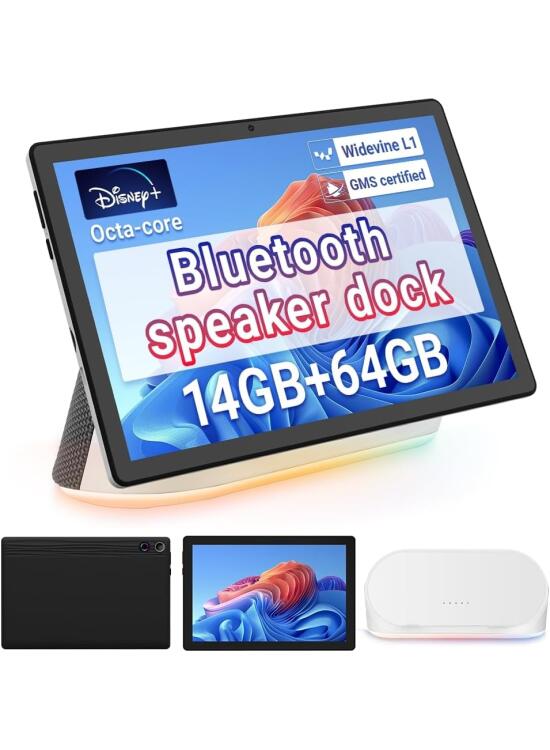 Whitedeer Tablet con Base Altavoz Bluetooth, Tablet 10 Pulgadas Octa-Core, Carga inalámbrica, 14GB RAM + 64GB ROM + 1TB Memoria Ampliable, Tablet Android 1280×800 P, 5 MP+8 MP, 5000 mAh