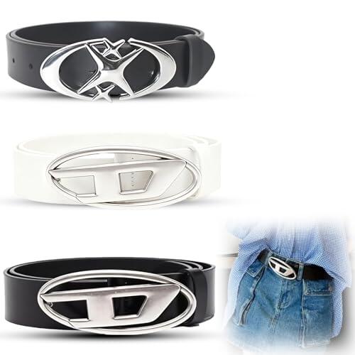 Cinturón de Moda para Mujer 2 Piezas con Hebilla Ovalada y Estilo Retro – Cinturón Y2K con Hebilla en D y Estrella, Ajustable, Negro y Blanco