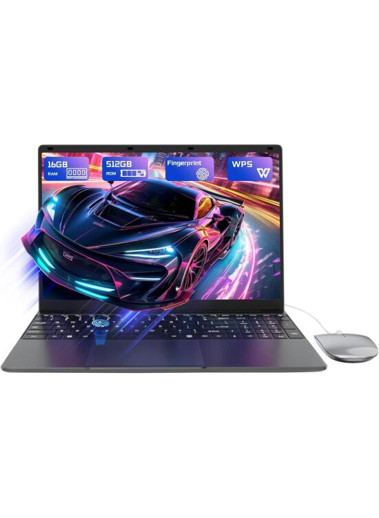 15,6" Ordenador Portátil 16GB RAM 512GB SSD, PC Portátil con Celeron N5095 CPU, Computer portátil Apertura y Cierre de 180°,Pantalla FHD 1080P, WiFi 5 Bluetooth 4.2 USB 3.0 Webcam Touch ID