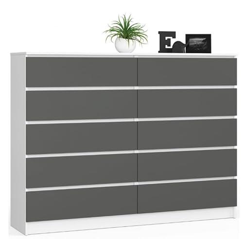 BDW: Cómoda con 10 cajones, cómoda K160, aparador, Muebles para salón, Dormitorio y recibidor, Armario de Oficina, Material Robusto y diseño Moderno - 160x40x121 cm, Blanco/Gris