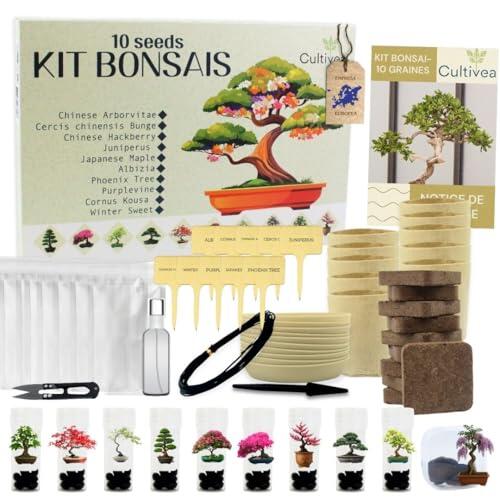 CULTIVEA® Kit 10 Bonsáis para Cultivar – Kit Cultivo Bonsái Completo con Semillas, Macetas y Herramientas – Bonsái Interior para Principiantes – Regalo Ecológico para Amantes de las Plantas