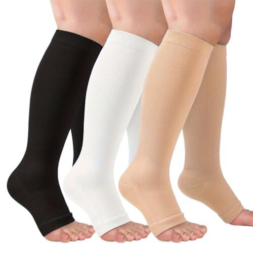 Hueborne Calcetines De Compresión Punta Abierta For Enfermeras Y Corredores - Calcetines Antifricción De Poliéster Hasta Media Pantorrilla (3 Pares)(3pairs-3,XXL)