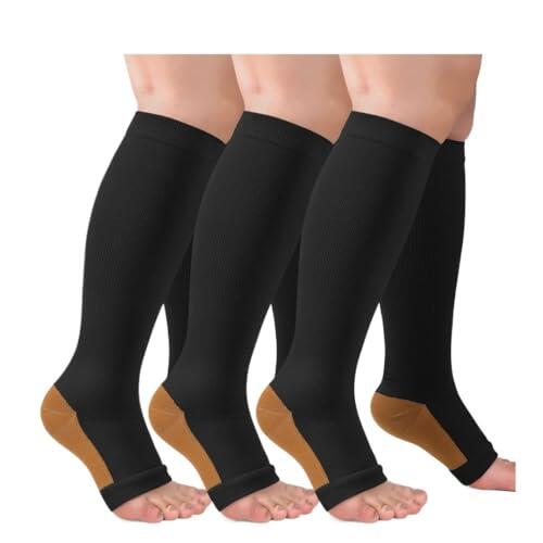 Hueborne Calcetines De Compresión Punta Abierta For Enfermeras Y Corredores - Calcetines Antifricción De Poliéster Hasta Media Pantorrilla (3 Pares)(3pairs-4,L/XL)
