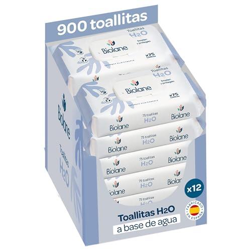 BIOLANE - Toallitas H2O bebé - 900 Toallitas - 12 Paquetes de 75 Unidades | 99% de Origen Natural, Limpian y Protegen, Fibras 100% Vegetales, Desde el nacimiento, Fabricado en España
