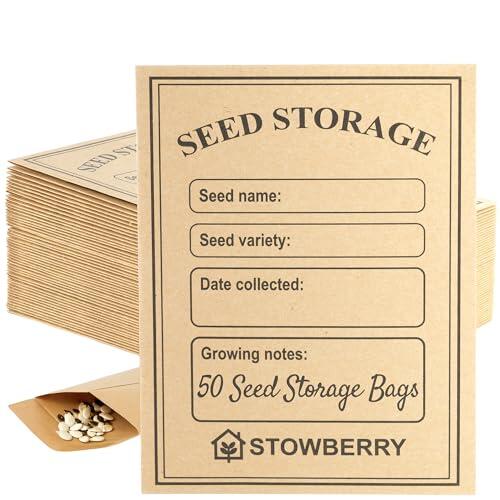 STOWBERRY Sobres de semillas – 50 paquetes pequeños de papel marrón impresos con plantilla de etiqueta de nombre, 10,5 x 8 cm, ideal para guardar semillas, recoger, jardinería y organizar semillas