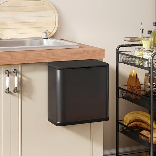 HOMCOM Cubo de basura colgante de 8 litros con tapa y cubo interior extraíble, acero inoxidable, color negro, 29,7 x 17,4 x 30 cm