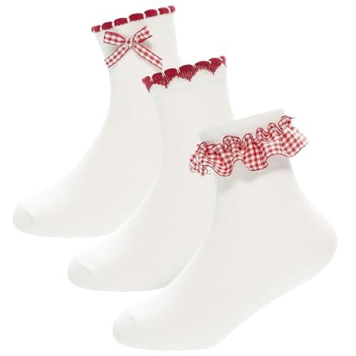 A2Z 4 Kids Paquete de 3 calcetines de algodón con ribete de encaje a cuadros para niñas, calcetines al tobillo con detalle de volantes y lazo, suaves, transpirables, para uso diario, perfectos para