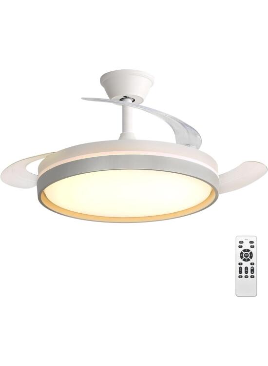 Ventilador de Techo con Luz LED 60W, con Mando a Distancia, Ø42in, temporizador, 6 velocidades, aspas retráctiles, 3 temperaturas de luz, función verano-invierno, 5600LM，Blanco minimalista moderno