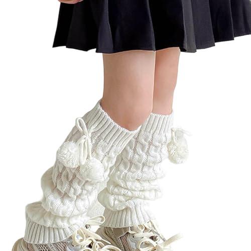 Calcetines escolares de punto jacquard para niñas, calcetines térmicos elásticos a media pantorrilla, cálidos, de punto grueso, calentadores de piernas con pompones de cordones, 1 blanco., One Size