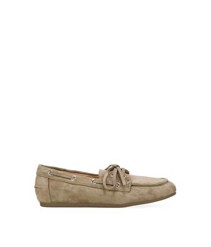 BOSANOVA Zapato Plano Tipo náutico para Mujer en Ante con pasados en los Laterales con Ojales metálicos y Cierre con Cordones. Calzado para Mujer Taupe 39