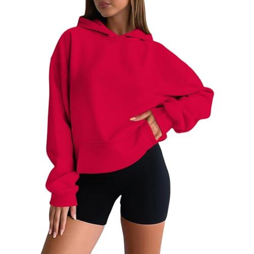 Generisch Sudadera casual con capucha para mujer, suave y cómoda, de forro polar, para uso diario, ropa de salón básica, ligera, versátil, rojo, M