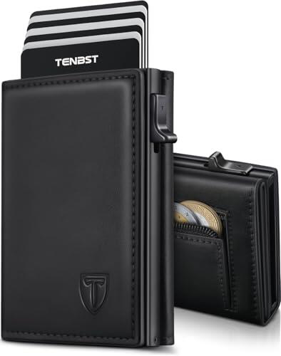 TENBST Cartera Hombre de Cuero, Cartera Tarjetero Hombre pequeño para Crédito, Tarjetero con Bloqueo RFID, Billetes y Monedas con Caja de Regalo