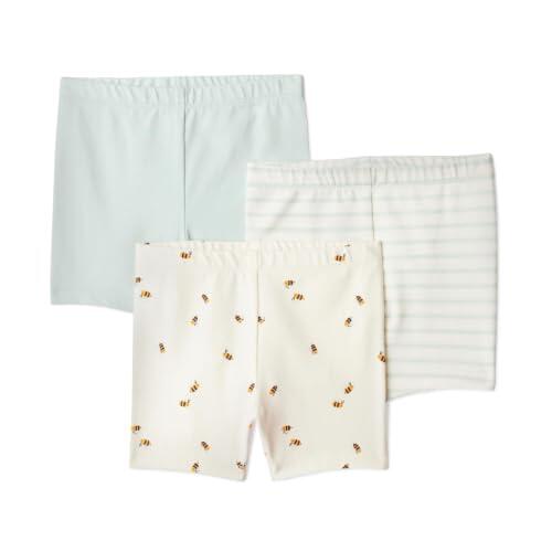 Amazon Essentials Pantalones Cortos de Ciclismo de Punto Elástico de Algodón Bebé-Niñas, Paquete de 3, Verde Menta Pálido/Abejas/Rayas Francesas, 4 años