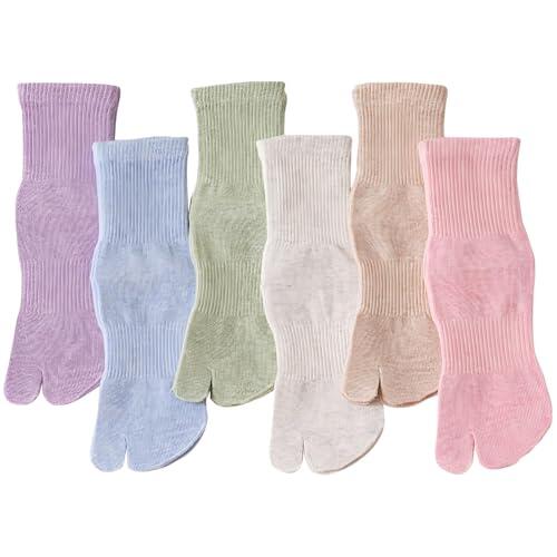 Tabi - Calcetines de algodón con puntera dividida, para correr, informales, para niños, niñas, adolescentes de 2 a 15 años, 6 pares, Púrpura claro+azul claro+verde claro+rosa+camello+gris blanco, 6-10