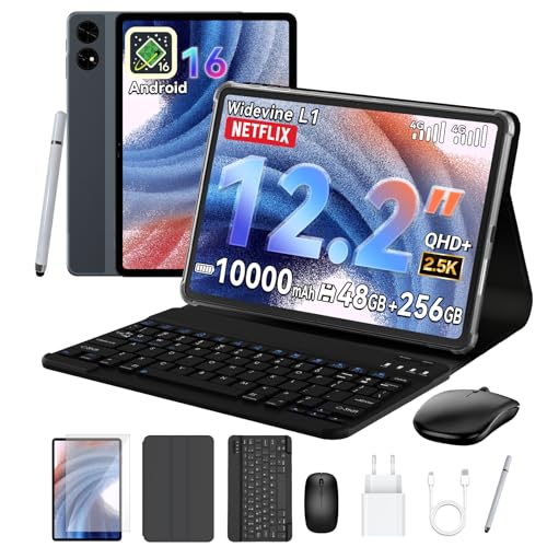 TABWEE T60 Tablet 12 Pulgadas con Teclado - Android 16, 48 GB+256 GB, 10000 mAh, 16 MP+8 MP, 1600 * 2400 FHD+, Widevine L1, Gemini AI 3.1 Pro, Face ID, GPS, Tablet 4G LTE (4 Años de Garantía)