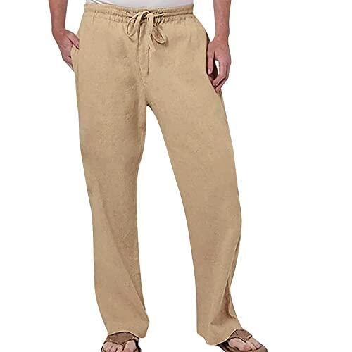 Generisch Pantalones de hombre de moda de lino de algodón para un elegante confort de ocio con propiedades transpirables cintura elástica, caqui, XXL