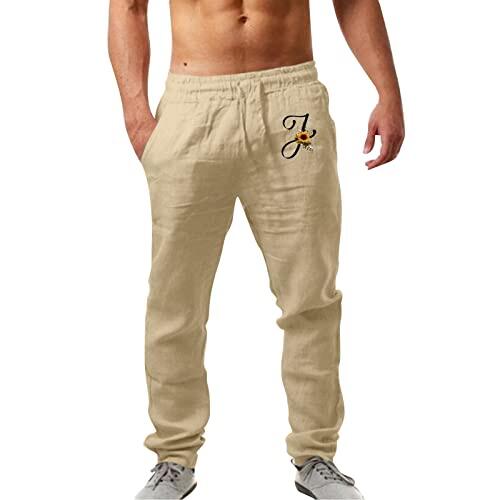 Moda para hombre con bolsillo de lino estampado con cordones Pantalones grandes Pantalones casuales transpirables Ajuste cómodo Pantalones modernos para hombre, caqui, XL