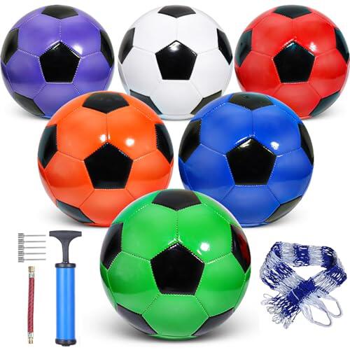 DHYLRICHER Paquete de 6 balones de fútbol de tamaño 4 con bomba, juego de fútbol de Navidad de operación a granel, pelotas de entrenamiento para interiores y exteriores para jóvenes y adultos, ideal