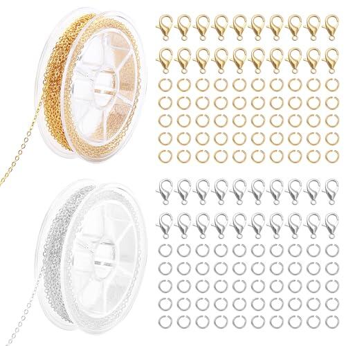 Lote de 2 rollos de cadena de acero inoxidable 5 m + 40 cierres + 100 anillos de apertura de 1,5 mm, kit completo DIY joyas pulseras collares (dorado y plateado)