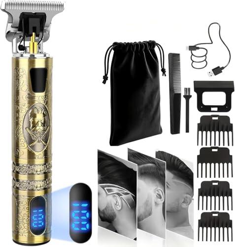 XkuiHF Máquina de Cortar Pelo Profesional Cortapelos para Hombre – Máquina de Cortar Pelo y Barba con Cuchilla T Zero Gap, 4 Peines (1.5-4mm), Recargable USB Impermeable para Contornos Precisos (Huzi)