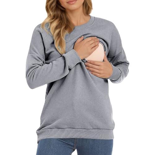 Generisch Sudadera de maternidad y lactancia para mujer, de manga larga con cremallera horizontal, cómoda ropa de maternidad con función de lactancia, L
