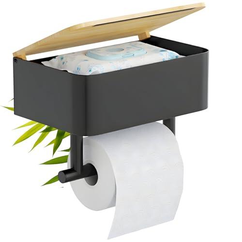 Hovea - Portarrollos de Papel Higiénico con Caja para Toallitas - Sin Taladro - con Estante - Montaje en Pared - Fijación Adhesiva o con Tornillos - Soporte Rollo Baño - Negro y Bambú - PPT121
