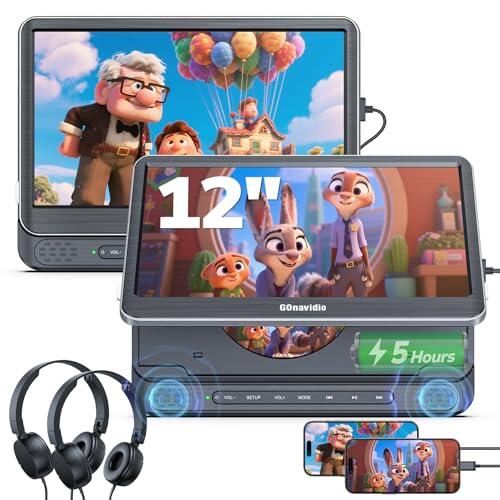 GOnavidio Reproductores de DVD dobles de 12 pulgadas con entrada HDMI, reproductores de DVD para reposacabezas de coche con auriculares, batería de 5 horas, espejo de pantalla de 1366 x 768, lector