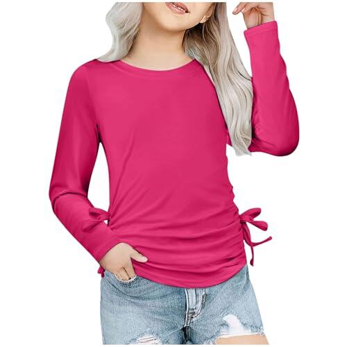 Camisa casual de manga larga para niñas, lado fruncido con detalle de nudo, diseño de cuello redondo, estilo túnica de ajuste holgado, tela suave, adecuada para uso diario y de ocio (rosa intenso, 13