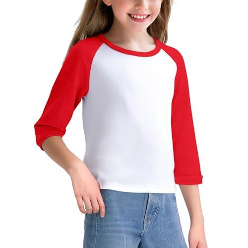 Camiseta de punto raglán para niños, opciones de tamaño para niños pequeños y jóvenes, diseño de mangas 3/4, adecuada para uso uniforme, tela de jersey suave para comodidad durante todo el día (rojo