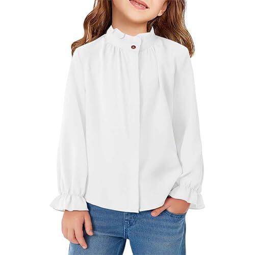 Blusa de manga larga con volantes para niñas, estilo abotonado para niños, camisa de vestir lista para uniforme, elegante detalle de volantes, se adapta a edades de 5 a 14 años, perfecta para la