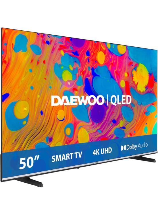 Daewoo 50DM55QV QLED Smart TV 50 Pulgadas 4K Ultra HD HDR, Televisor con Dolby Vision & Dolby Atmos, Compatible con Alexa, Diseño sin Marcos, Peana Lateral