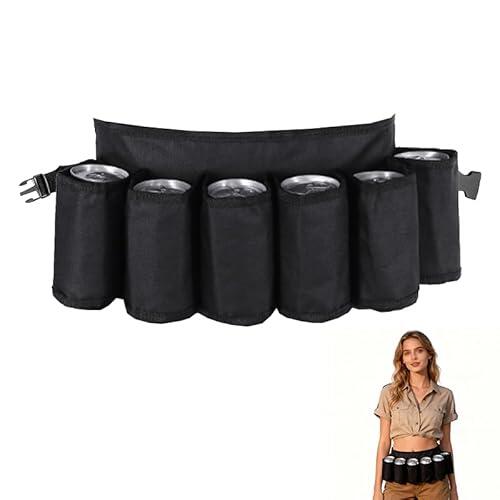 Sylkeov 1 Pieza Cinturón Portabebidas para Cerveza, Ajustable con 6 Soportes para Latas, Ideal para Fiestas, Camping, Viajes, Escalada y Senderismo, Papá, Negro