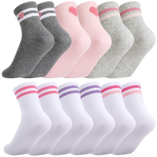 Utensilsto 6 pares de calcetines para niños, niñas, ropa deportiva para niñas, algodón, calcetines infantiles con rayas retro con corazones para la escuela, deporte y uso diario (blanco/rosa/morado