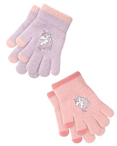 HUVZOR 2 pares guantes de otoño-invierno para niños, guantes de punto caliente,lila claro y rosa,guantes de dedos completos con un nuevo patrón de unicornio para niñas de 2 a 5 años